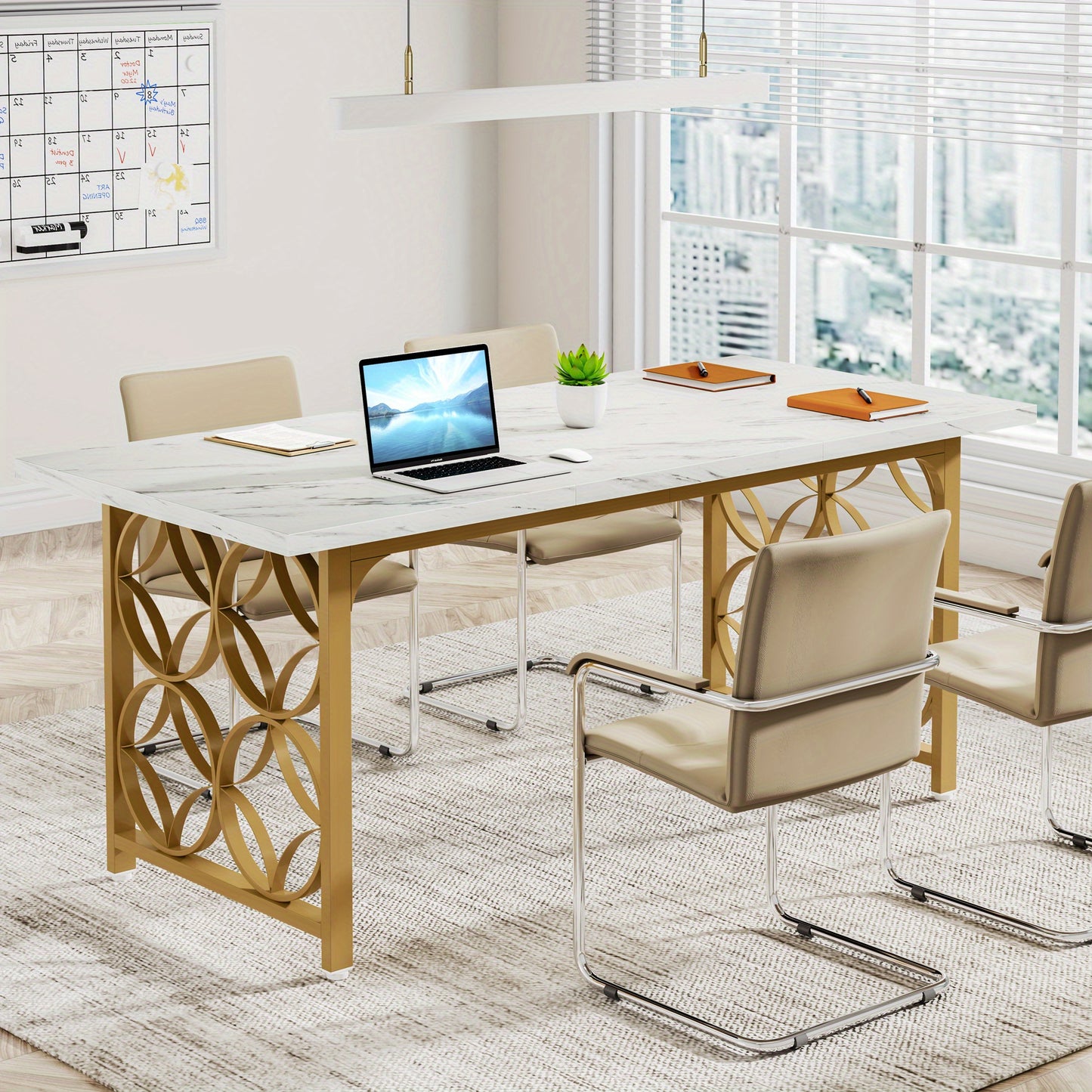 Conferentietafel – Vergadertafel – Bureautafel – Ontmoetingstafel – Werktafel – Wit met Gouden Accenten – Verstelbare Hoogte 68,5 cm – Stevig MDF Tafelblad en Metalen Frame