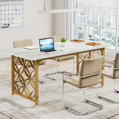 Conferentietafel – Vergadertafel – Bureautafel – Ontmoetingstafel – Werktafel – Wit met Gouden Accenten – Verstelbare Hoogte 68,5 cm – Stevig MDF Tafelblad en Metalen Frame