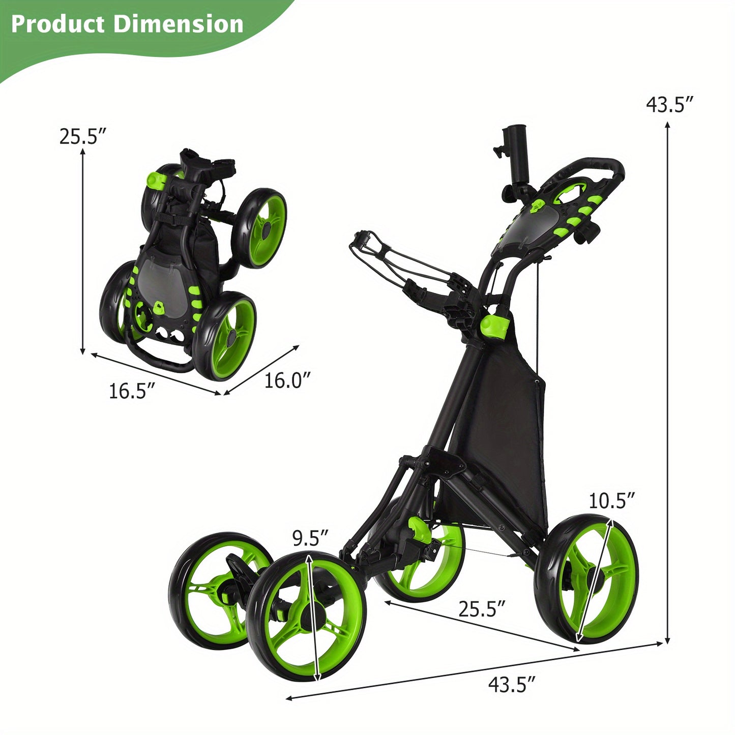 Golf trolley – Golfkar – Golfbuggy – Golftrolley – Golfwagen – Lichtgewicht aluminium frame – Verstelbaar handvat met voetrem – Lichtgroen