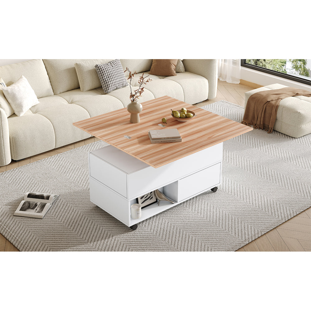 Salontafel – Koffietafel – Tafel – Bijzettafel – Woonkamertafel – Wit Zwart – Verstelbaar Blad Met Wieltjes – Metalen Frame – 4 Laden & Extra Opbergruimte – 100x50x52 cm