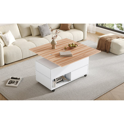 Salontafel – Koffietafel – Tafel – Bijzettafel – Woonkamertafel – Wit Zwart – Verstelbaar Blad Met Wieltjes – Metalen Frame – 4 Laden & Extra Opbergruimte – 100x50x52 cm