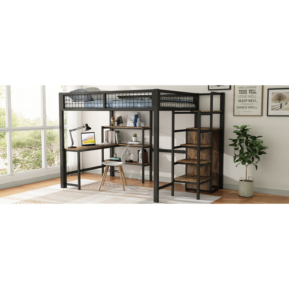 Hoogslaper Bed – Stapelbed – Halfhoogslaper – Bedframe – Bed met Bureau – 140x200 cm – Metaal en MDF – Met Opbergruimte en Kledingkast – Zwart