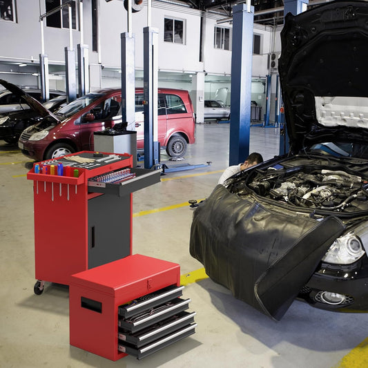 Gereedschapswagen – Werkplaatswagen – Toolcart – Mobiele Gereedschapskar – Werkbank Op Wielen – 2-in-1 Afneembare Bovenkast – 8 Vakken Met Verstelbare Planken – 100 Kg Draagkracht – Metaal Zwart-Rood