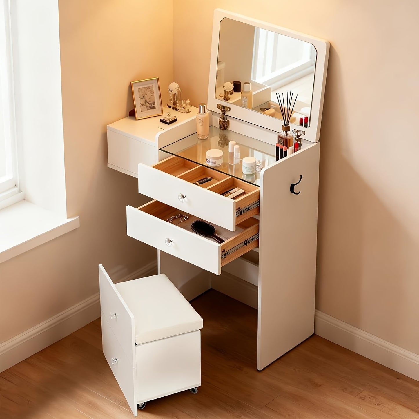 Three-in-one Corner Vanity Unit with 90° Folding Mirror, Glass Worktop, Storage-integrated Padded Stool, Side Hooks for Hanging Cosmetics, Premium Materials And Straightforward Assembly, White Finish, Space-saving Design., B