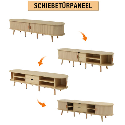 TV Meubel – TV Kast – Lowboard – Dressoir – Media Meubel – Modern Ovaal Design – 175x40x42 CM Mdf – Lichte Walnoot Met 2 Lades en Schuifdeuren