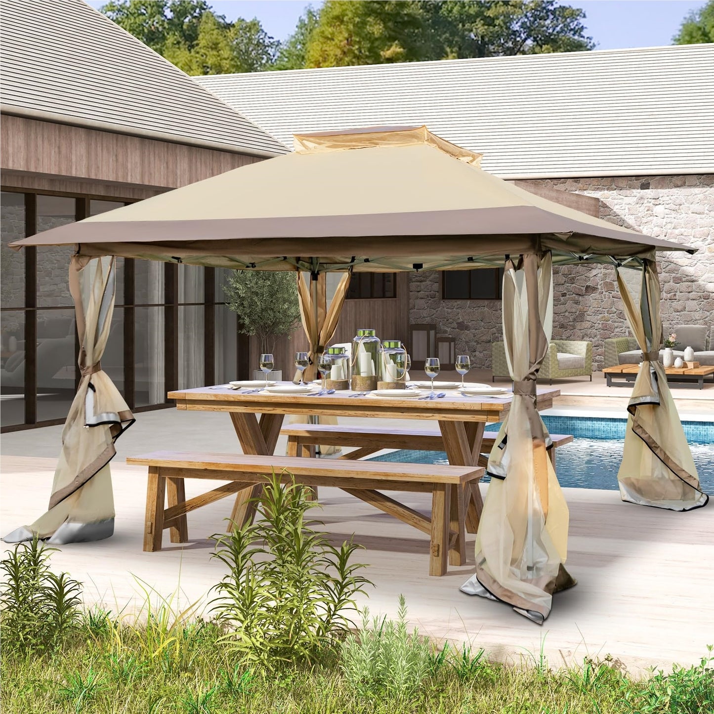 Vouwbare Partytent – Tuinpaviljoen – Overkapping – Terras Tent – Pergola – Met Muggennet – Dubbele Waterdichte Dak 3,6x3,6m – UV Bescherming 50+