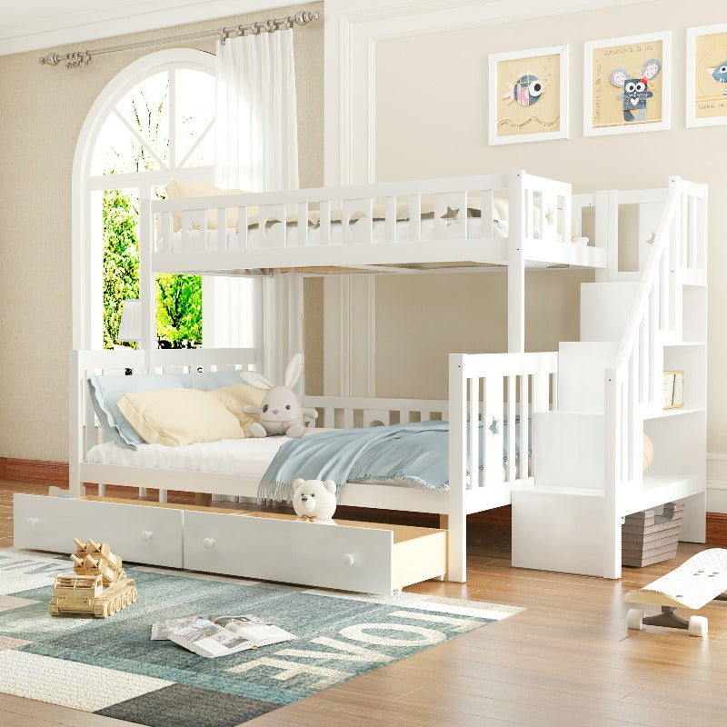 Hoogslaper – Stapelbed – Kinderbed – Mezzaninebed – Halfhoogslaper – Stabiele Trap – 2 Grote Lade Opbergruimtes – 90x200 & 140x200 cm – Wit Modern Design