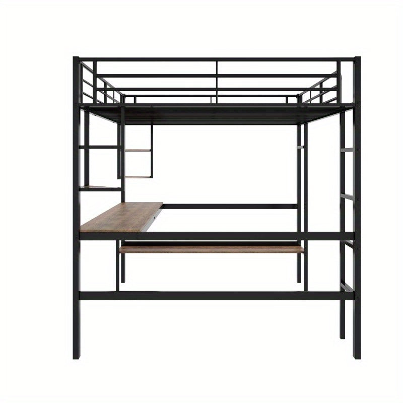Hoogslaper – Metalen Bed – Stapelbed – Loftbed – Werkplek Bed – Ingebouwd Bureau – Opbergrekken – Stevige IJzeren Constructie – Ruimtebesparend Ontwerp