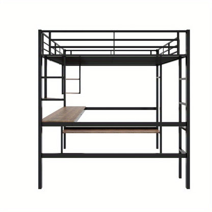Hoogslaper – Metalen Bed – Stapelbed – Loftbed – Werkplek Bed – Ingebouwd Bureau – Opbergrekken – Stevige IJzeren Constructie – Ruimtebesparend Ontwerp