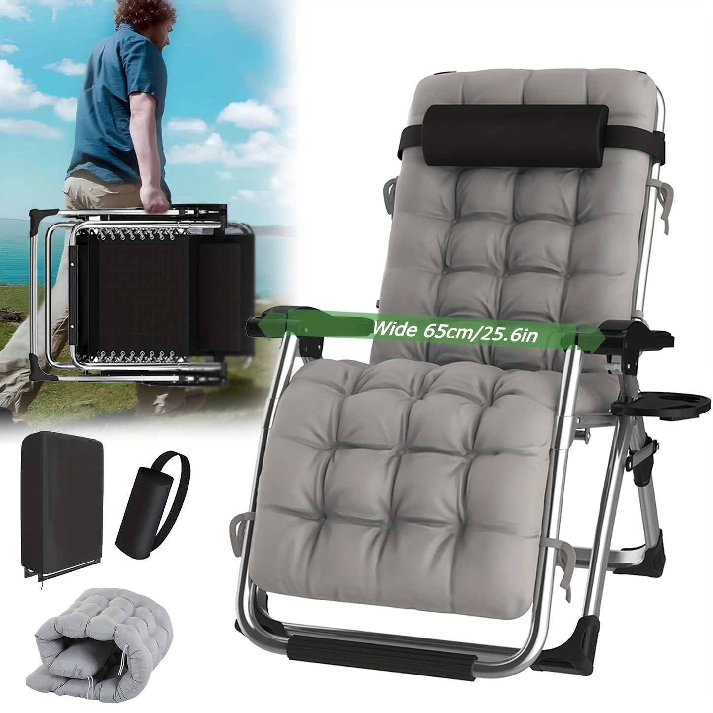 Lounge stoel – Recliner – Ligstoel – Tuinstoel – Relaxfauteuil – 65 cm breed – Lichtgewicht metalen frame – Inclusief afneembare kussen en tray – Ergonomisch ontworpen – Geschikt voor binnen en buitengebruik