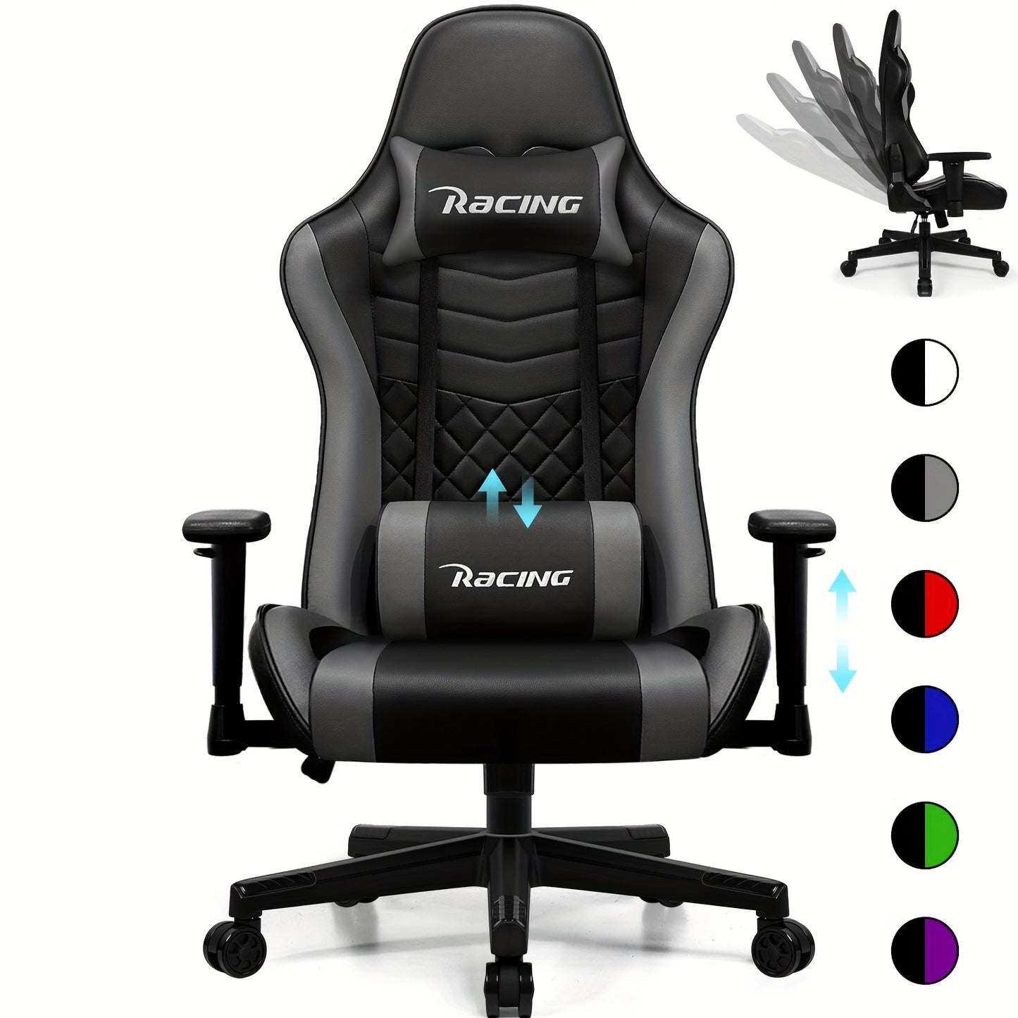 Ergonomische Gamingstoel – Gamerstoel – Bureaustoel – Zwarte Comfortstoel – Draaistoel – Rockingfunctie tot 170° – Verstelbare Lendensteun en Hoofdsteun