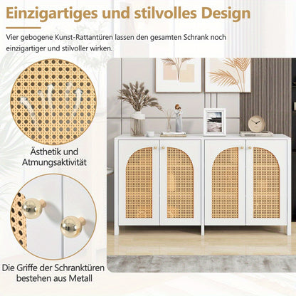 Modern Minimalist Sideboard Cabinet - White & Metallic Accents, Non-Wood Freestanding Storage with 4 Rattan Doors, Spacious 3.2+ Cu Ft Capacity for Living Room, Dining Room, Kitchen - Easy Assembly Required, Home Organization