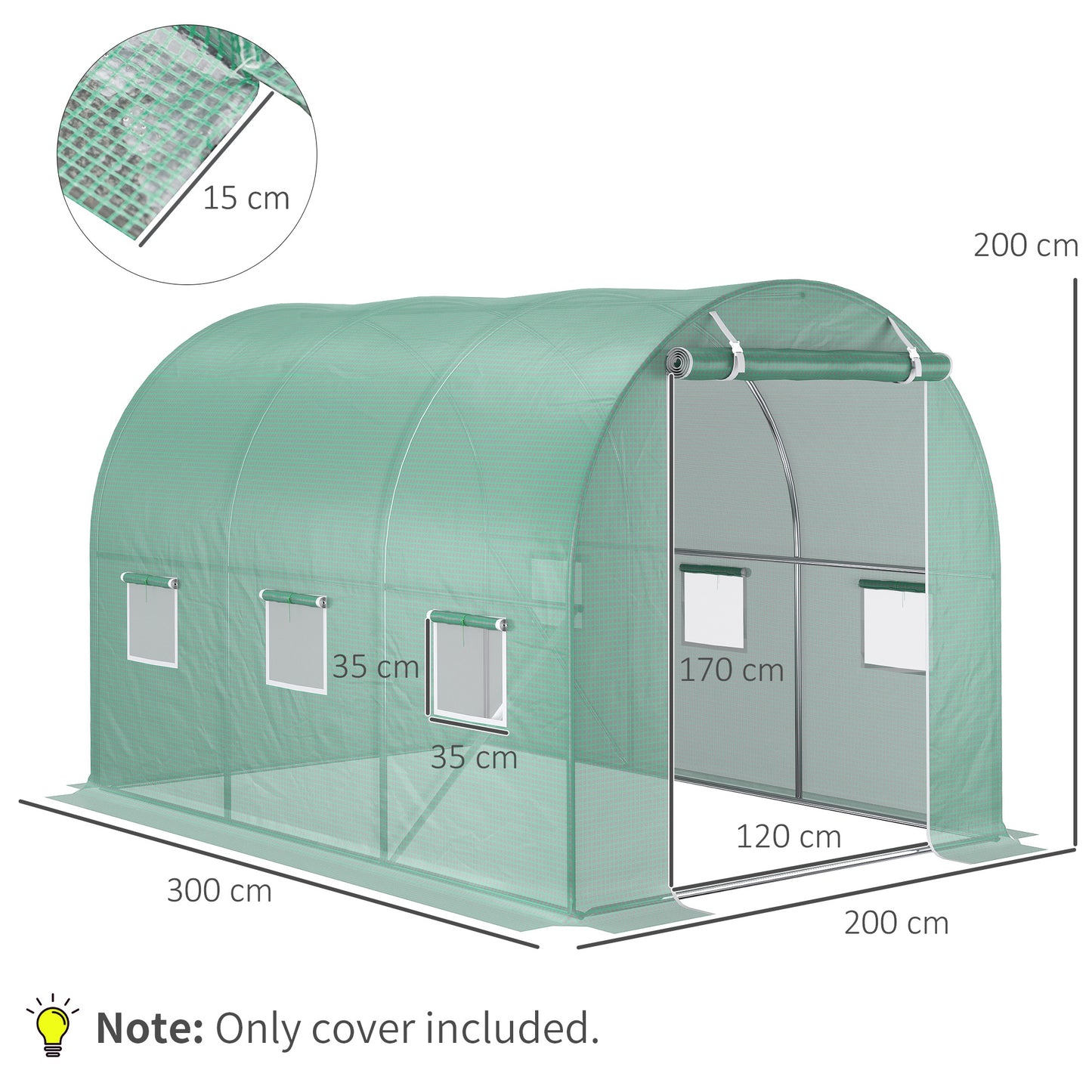 Kweektunnelfolie – Kasfolie – Serrefolie – Tuinfolie – Tunnelkas Afdekfolie – UV-bestendig – Waterdicht – 300x200x200 cm – Met Ramen en Oproldeur