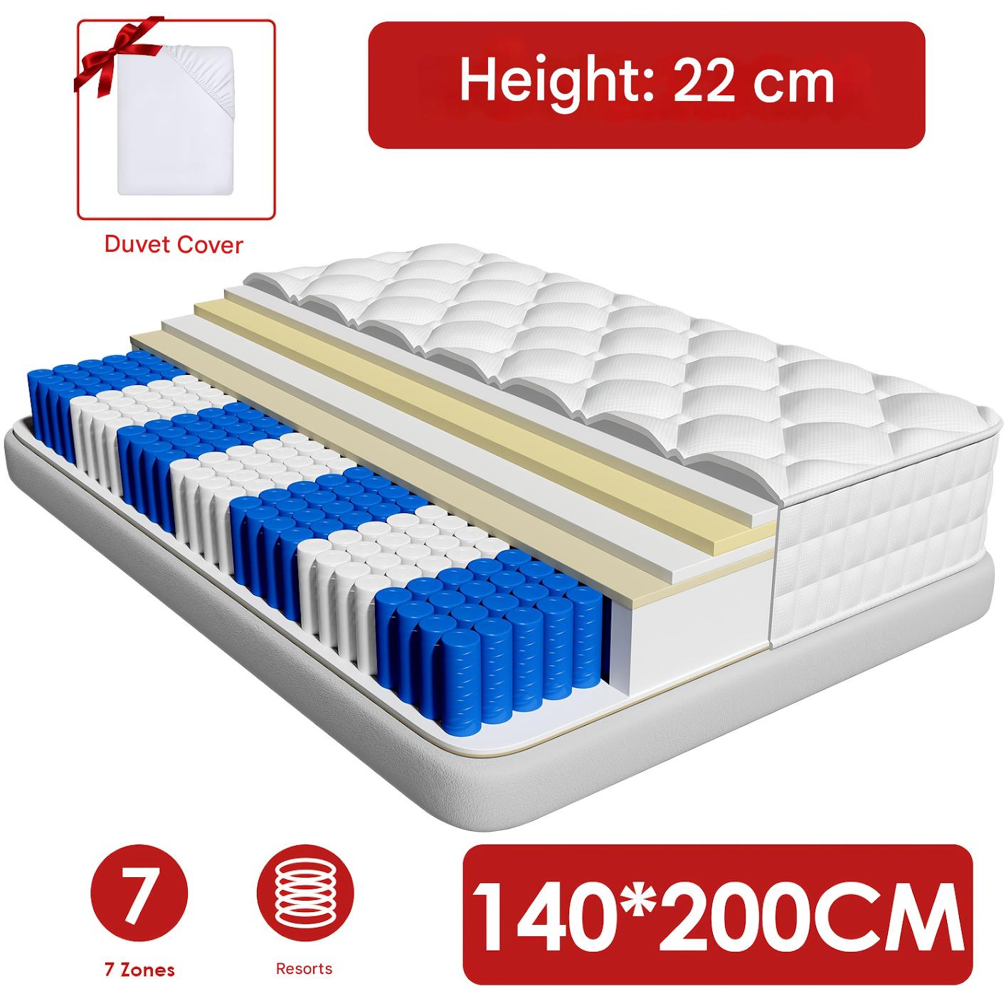 Matras 140x200 cm – Pocketveringmatras – 7-zones matras – Ergonomisch matras – Binnenveringsmatras – Medium Stevig (H3) – 22 cm Hoog – Inclusief Hoeslaken