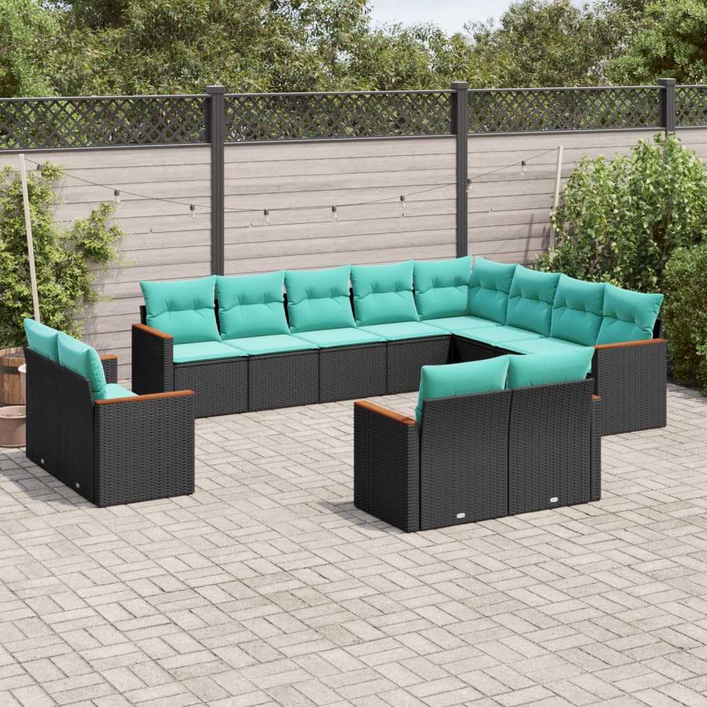 Buitenbank – Tuinbank – Zitbank – Tuinmeubel – Loungebank – Weerbestendig Polyrattan – Inclusief Tafel Met Acaciahouten Blad - Zwart