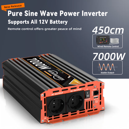 Portable Car Inverter Peak Power 7000W/6000W/4000W/3000W/2000W Power Pure Sine Wave Inverter DC 12V 24V To AC 220V With LCD Display & Remote, 2 EU Sockets | Control Car Power Voltage Converter Power Inverter Multifunction, Wi