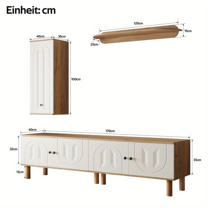 Tv-meubel – TV-kast – TV-dressoir – Wandmeubel – Media meubel – 3-delige set – Wit met beige houtlook – Opbergruimte met reliëfdeuren