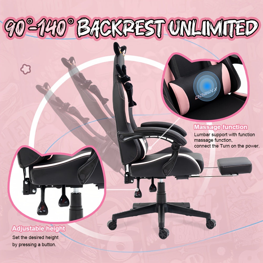 Ergonomic Pink Office Chair with Adjustable Height, Headrest & Lumbar Support - Cute Doll Design, 360° Swivel Base, 5-Point Adjustable Armrests, 5-Point Adjustable Footrest, 5-Point Adjustable Backrest, 5-Point Adjustable Se