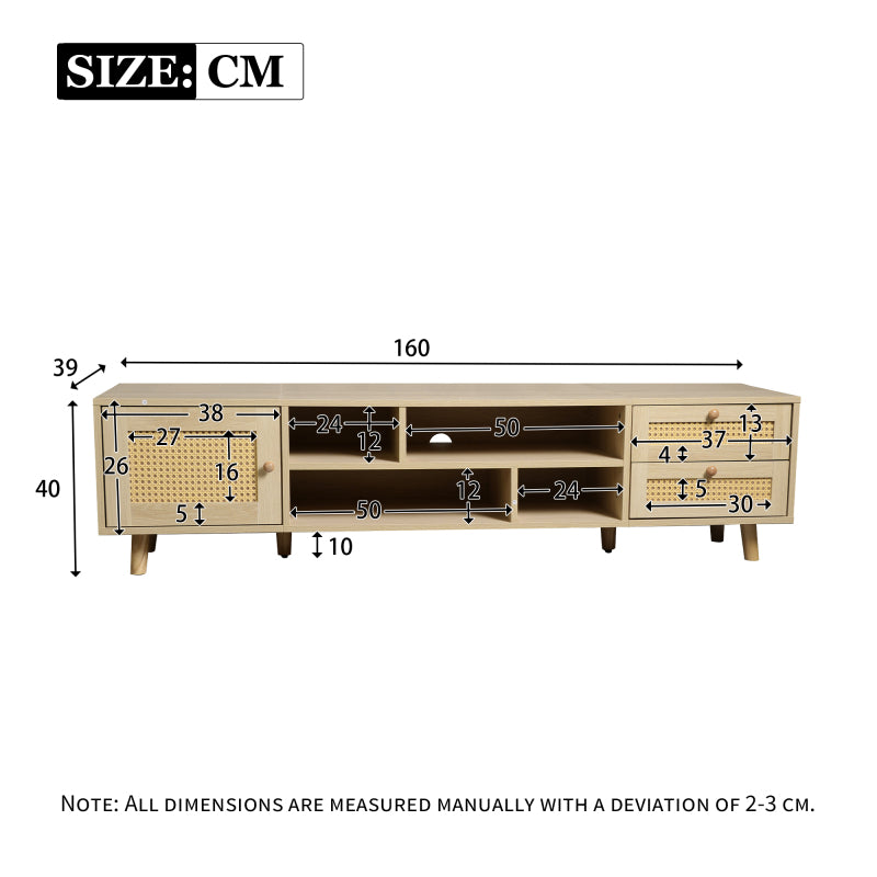 TV-kast – TV Meubel – TV Dressoir – TV Cabinet – Mediamöbel – Voor Grote Televisies Tot 70 Inch – Verstelbare Poten & Kabelmanagement – Duurzaam Spaanplaat En Riet Design (160 cm)