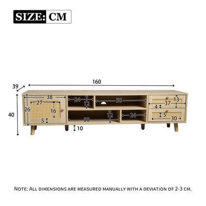 TV-kast – TV Meubel – TV Dressoir – TV Cabinet – Mediamöbel – Voor Grote Televisies Tot 70 Inch – Verstelbare Poten & Kabelmanagement – Duurzaam Spaanplaat En Riet Design (160 cm)
