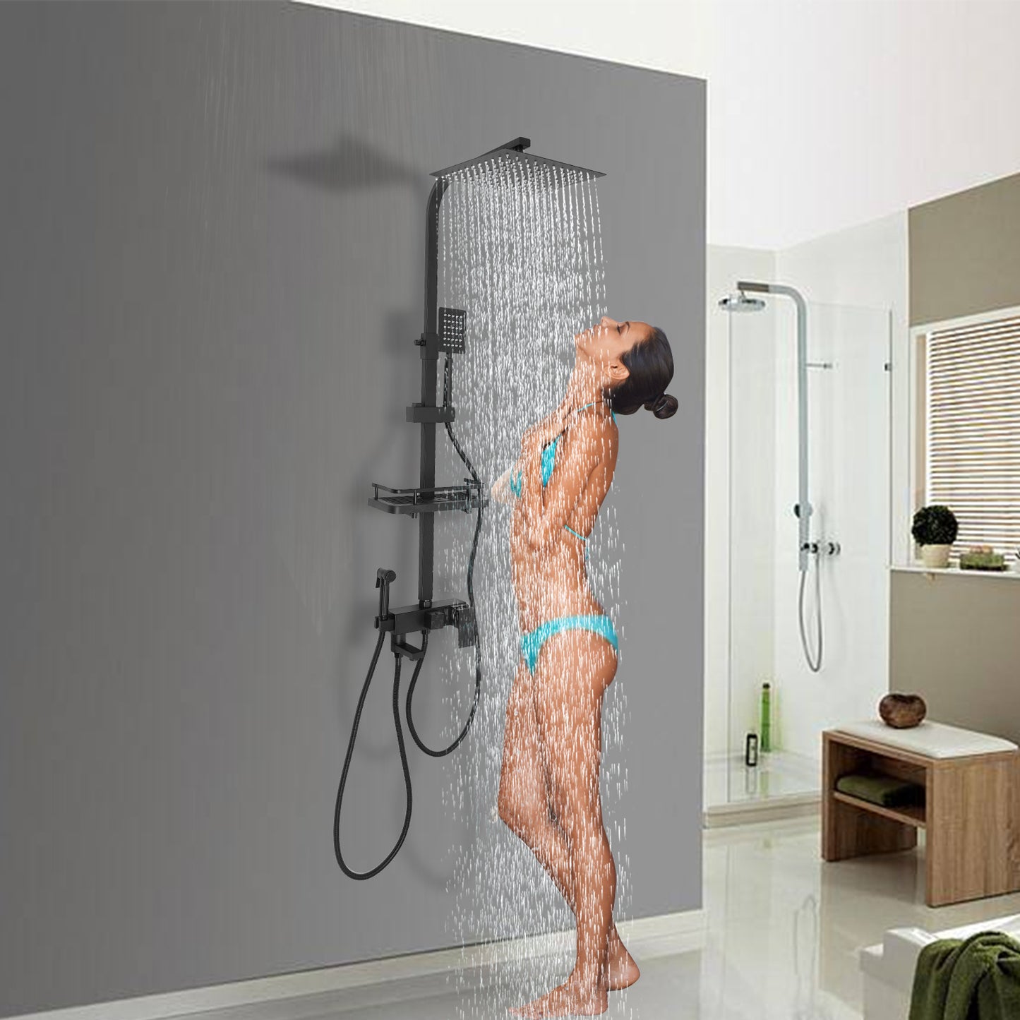 Badkraan – Badmengkraan – Douchekraan – Badthermostaat – Mengkraan – Wandmontage – Met Handdouche – Waterbesparende Stopknop – Krasbestendig Zwart Design