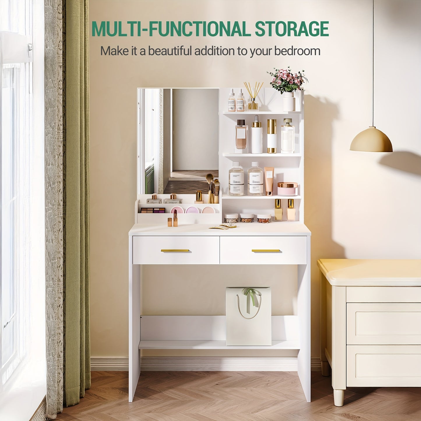 Kaptafel – Make-up Tafel – Schminktisch – Vanity Table – Dressing Table – Wit Met Spiegel – 4 Open Schappen & 2 Lades