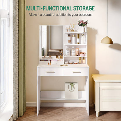 Kaptafel – Make-up Tafel – Schminktisch – Vanity Table – Dressing Table – Wit Met Spiegel – 4 Open Schappen & 2 Lades