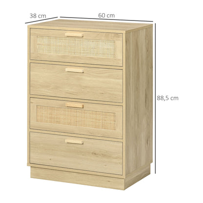 Ladekast – Ladenkast – Kommode – Opbergkast – Dressoir – Bohemian Design – Natuurlijk Houten Frame – 4 Ruime Lades – 60x38x88,5 cm