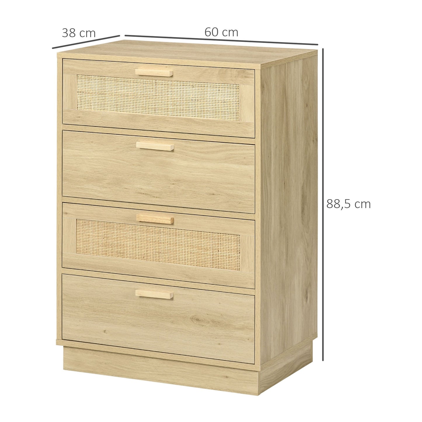 Ladekast – Ladenkast – Kommode – Opbergkast – Dressoir – Bohemian Stijl – Natuurlijk Hout & Rattan – 4 Lades – Compact 60x38x88,5 cm