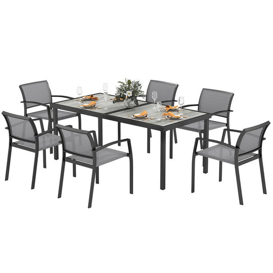 7-Teiliges Ess-Set, 6 Stühle, 1 Tisch, Stapelbar, Leicht Zu Reinigen, Stahlrahmen, Gartenmöbel-Set, Grau, Garten-Bistro-Esstisch Und Stühle, Langlebig Und Leicht Zu Reinigen