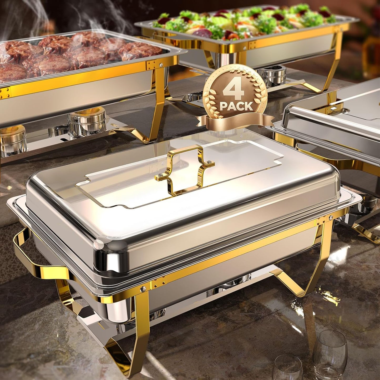 Chafing Dish – Buffetwarmer – Warmhoudplaat – Warmhoudschaal – Warmhoudbakken – RVS Goudkleurig – 4-delig – 9 Liter per Pan – Veilig Afgeronde Randen