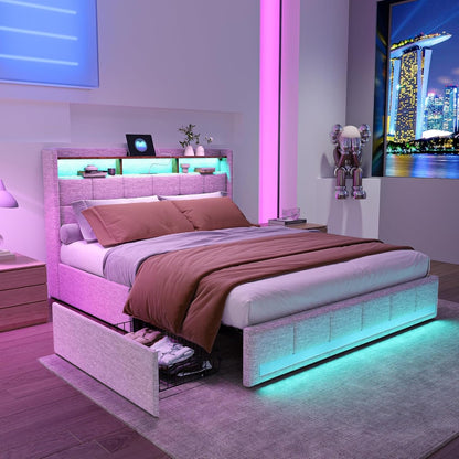 Tweepersoons Bed – Opbergbed – Gestoffeerd Bed – Led Bed – Slaapbank – 160x200 cm – 4 Laden – USB & Type-C Opladen