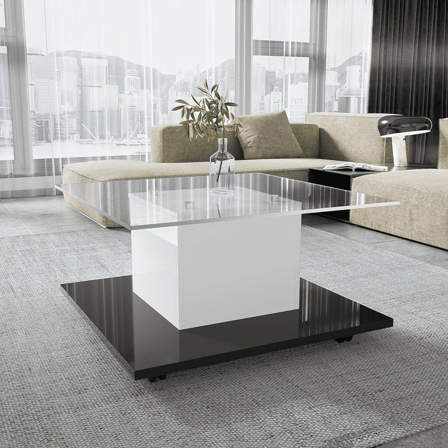 Coffee Table, Living Room Side Table, High-Gloss Glass Coffee Table, Mobile Coffee Table with Swivel Wheels, White