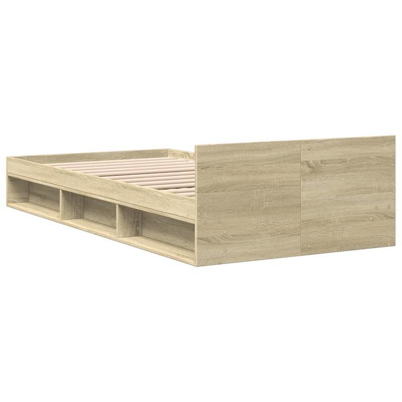Bed – Bedframe – Platformbed – Eenpersoonsbed – Opbergbed – Ingebouwde Opberglades – Ruimtebesparend Design – Sonoma Eiken Afwerking – Geschikt Voor Matras 90x190 cm