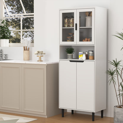 Boekenkast – Boekenrek – Opbergkast – Vakkenkast – Kast – Hoog Model – 4 Glazen Deuren – Verstelbaar Bovenblad – Gelakt MDF – Wit