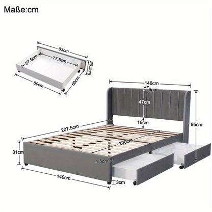 Upholstery bed 140 x 200cm with a slatted frame backrest 2 drawers gray