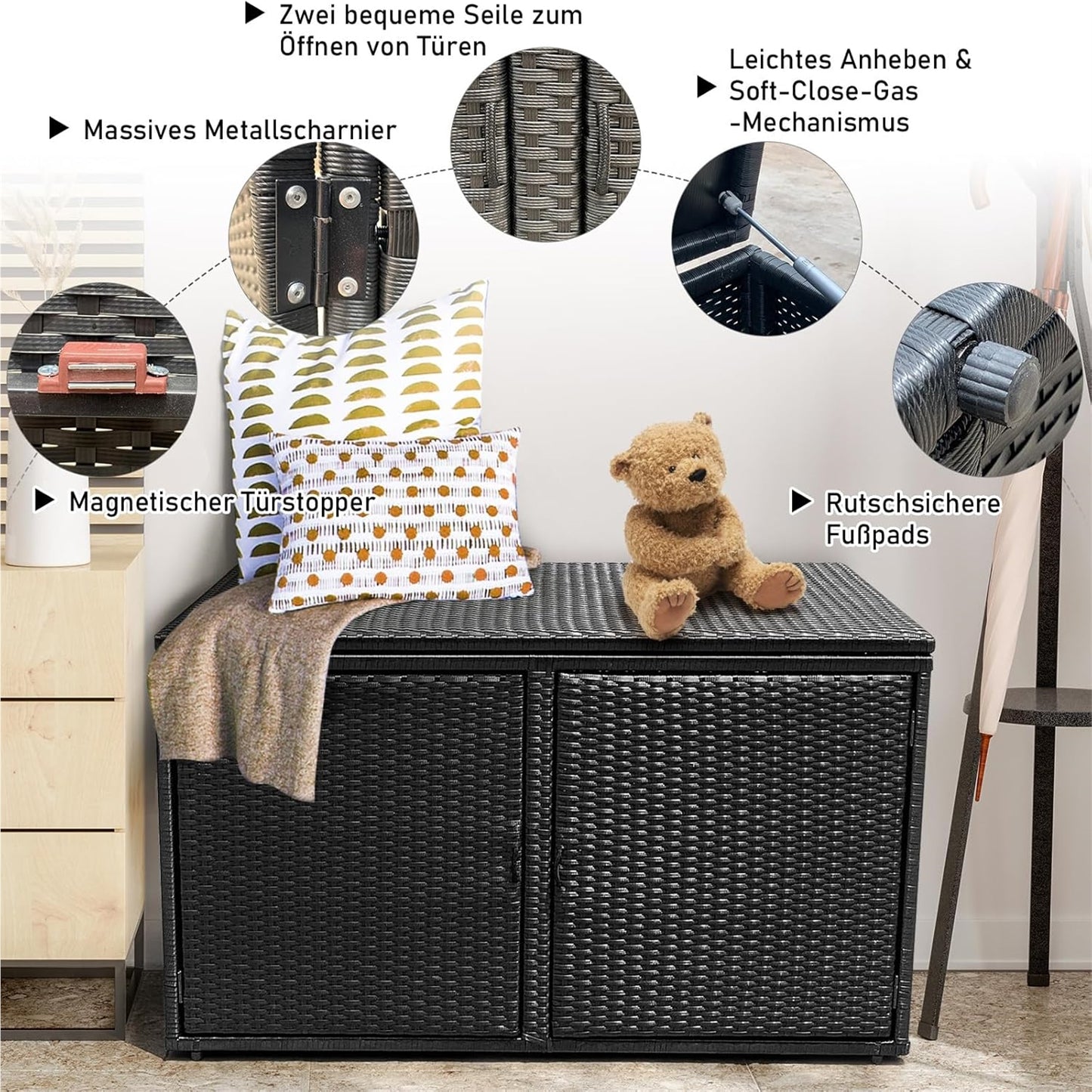 Rattan Opbergbox – Tuinkist – Opbergkist – Buitenbox – Tuinbank Met Deksel – 333L Inhoud – Weerbestendig PE Rattan – Dubbele Deuren & Binnenplanken – Mat Zwart – 115x60x65 cm
