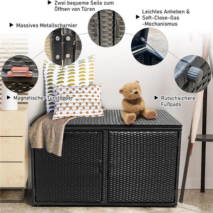 Rattan Opbergbox – Tuinkist – Opbergkist – Buitenbox – Tuinbank Met Deksel – 333L Inhoud – Weerbestendig PE Rattan – Dubbele Deuren & Binnenplanken – Mat Zwart – 115x60x65 cm