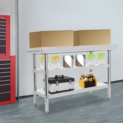 RVS Werkbank – Werktafel – Werkstation – Werkruimte – Werkoppervlak – 3 Lagen – 120x60 cm – Roestvast Staal – Verstelbare Voeten – 100 kg Draagvermogen