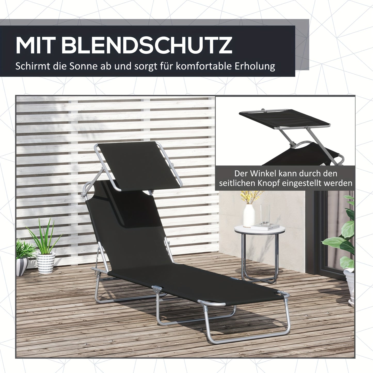 Ligstoel – Loungestoel – Ligbed – Zonnebed – Opvouwbare Tuinstoel – Extra Lang – Stevig Metaal Frame – Ingebouwd Zonnescherm – Comfortabel Polyester Kussen – Handmatig Verstelbaar – Zwart