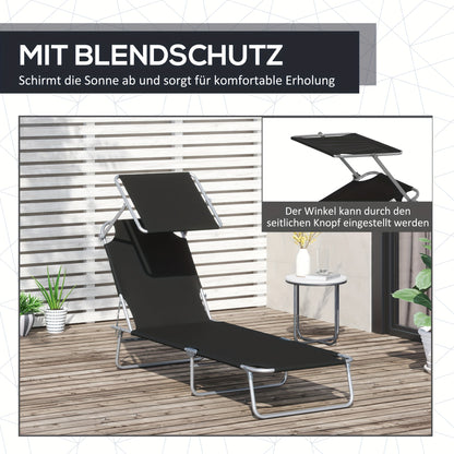 Ligstoel – Loungestoel – Ligbed – Zonnebed – Opvouwbare Tuinstoel – Extra Lang – Stevig Metaal Frame – Ingebouwd Zonnescherm – Comfortabel Polyester Kussen – Handmatig Verstelbaar – Zwart