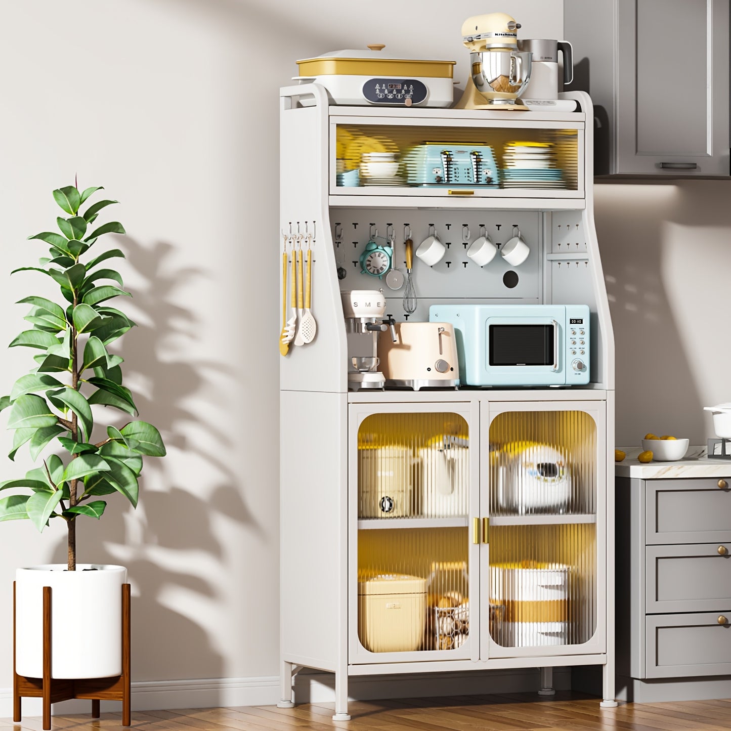 Hoge Voorraadkast – Keukenkast – Opbergkast – Magnetronkast – Koffiebar Kast – 66 cm Wit – 5 Verstelbare Planken – Pegboard Haken