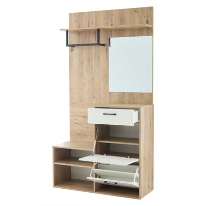 Halmeubel – Kapstok – Schoenenkast – Zitbank – Spiegel – Wit Met Houtlook – Compact Ontwerp 100x38,5x190 cm – Multifunctioneel Met Lade En Opslagruimte