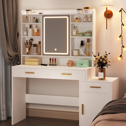 Kaptafel – Make-uptafel – Schminktisch – Verzorgingstafel – Dressing Table – Wit – Ruim Werkblad 130 cm – 3 Lades + Kast