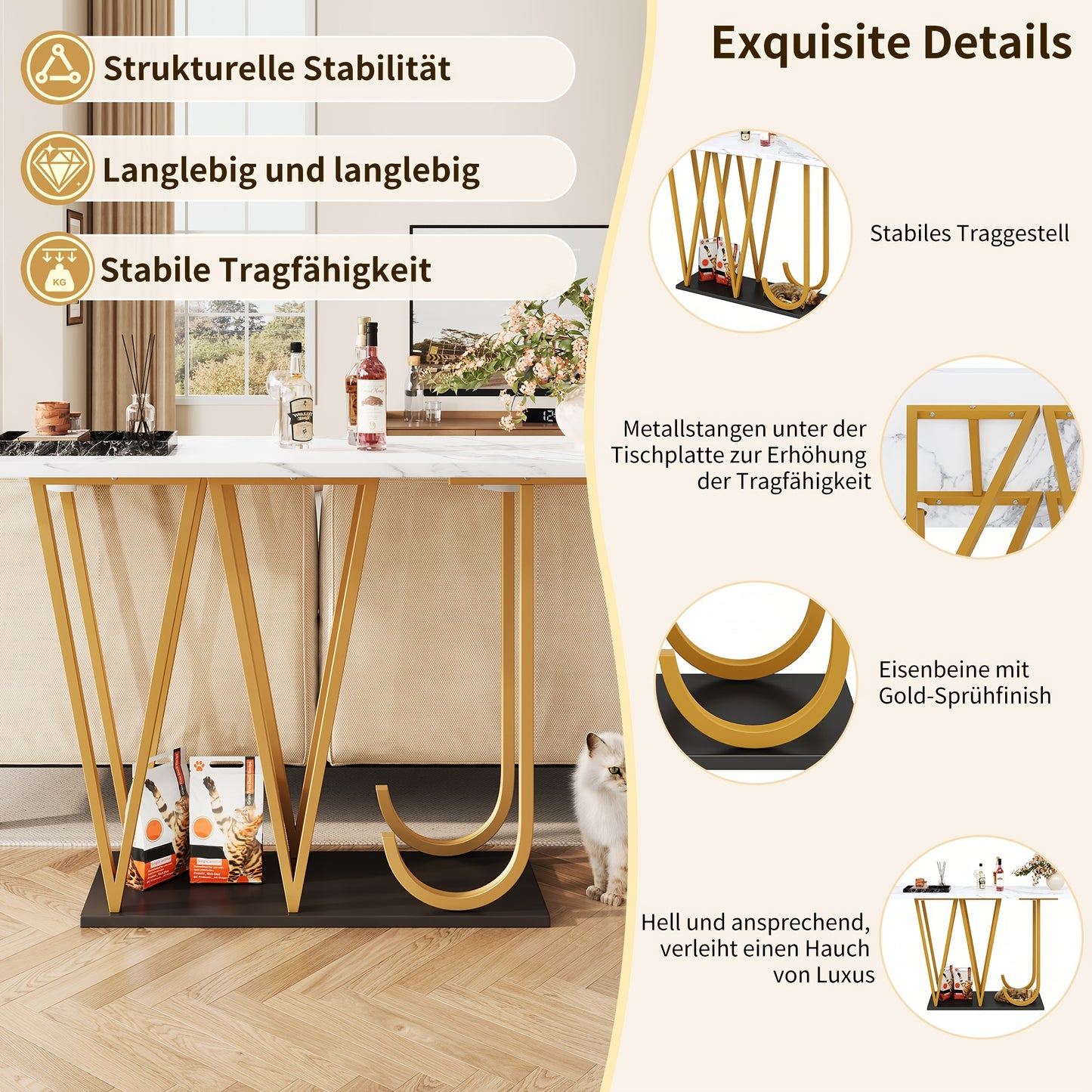 Smalle Eettafel – Smalle Tafel – Eetkamertafel – Keukentafel – Balkon Tafel – Marmerlook Tafelblad – Lettervormige Poten – Compact Design – Stevig & Stijlvol