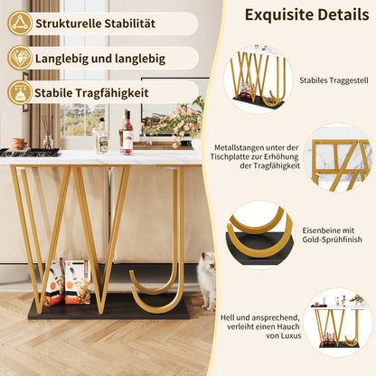 Smalle Eettafel – Smalle Tafel – Eetkamertafel – Keukentafel – Balkon Tafel – Marmerlook Tafelblad – Lettervormige Poten – Compact Design – Stevig & Stijlvol