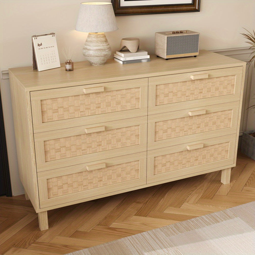 Modern Tall Sideboard Cabinet with Six Drawers - Beige Storage Organizer, Non-Wood Material, Floor-Standing Design for Living Room, Dining Room, Bedroom - Ample Storage Furniture