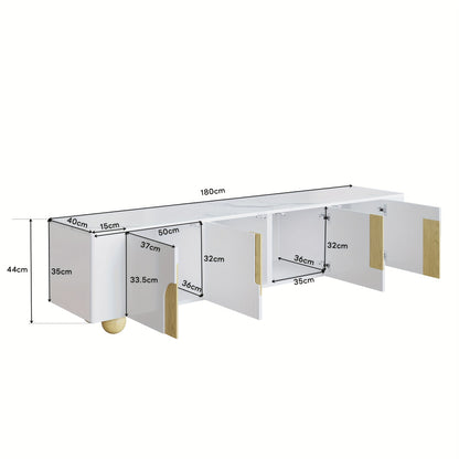 Tv Meubel – TV Kast – Televisiekast – TV Dressoir – TV Meubels – 180 cm Breed – Wit Met Marmerlook Blad – 4 Deuren – Stevige Bolvormige Houten Poten