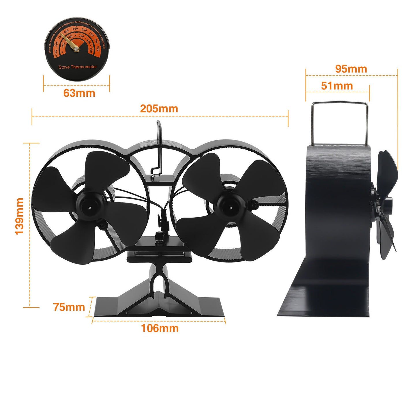 Kachelventilator – Houtkachelventilator – Haardventilator – Warmteverspreider – 8 Bladen – Warmte Aangedreven – Geanodiseerd Aluminium