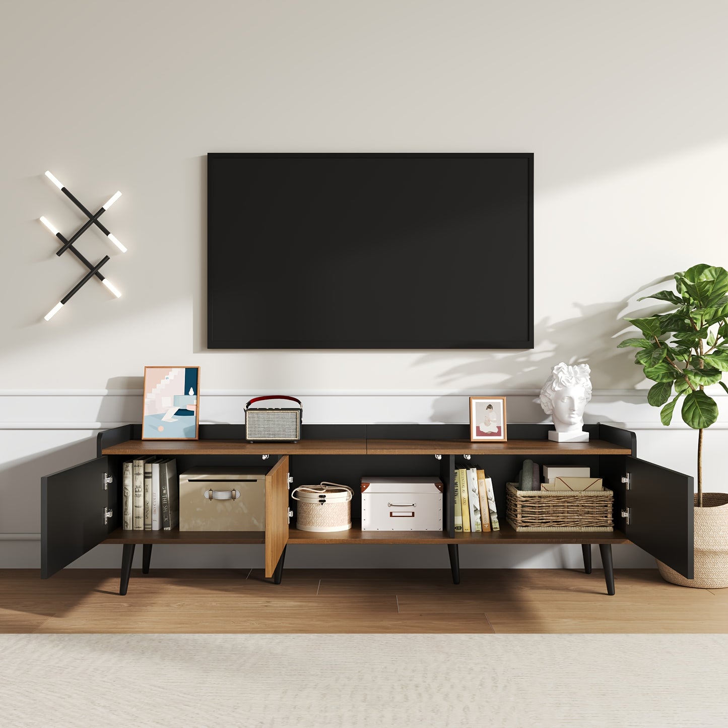 Tv-meubel – TV-Standaard – TV-Kast – Media Console – TV-Dressoir – Duurzaam Bamboe – Compact 3-Deurs Opbergruimte – Vrijstaand – Hoogte 68,5 cm
